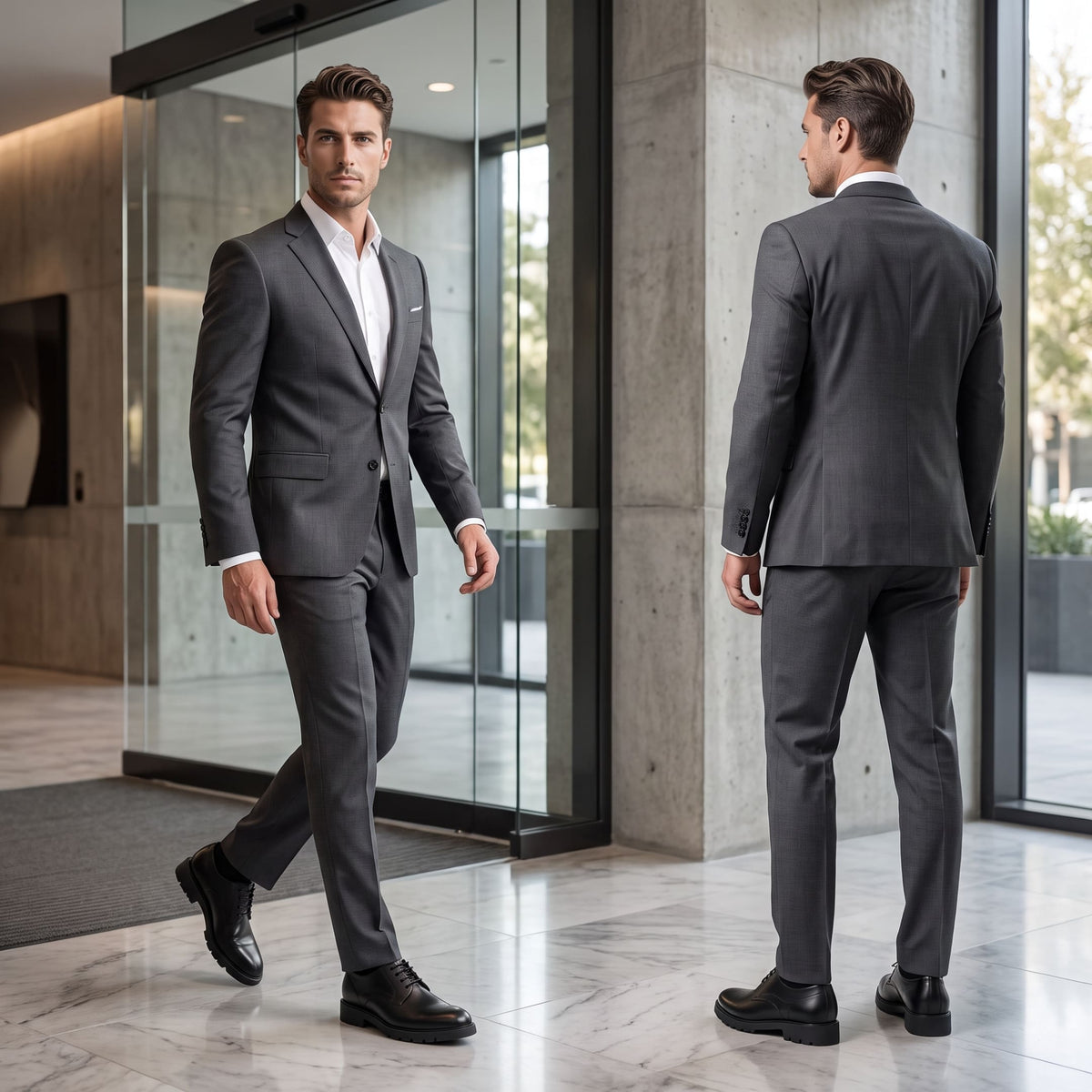FORCIANO WINDSOR black Height-Increasing Shoes with leather uppers shown in a split formal lifestyle view of a suited man walking and standing from the rear.