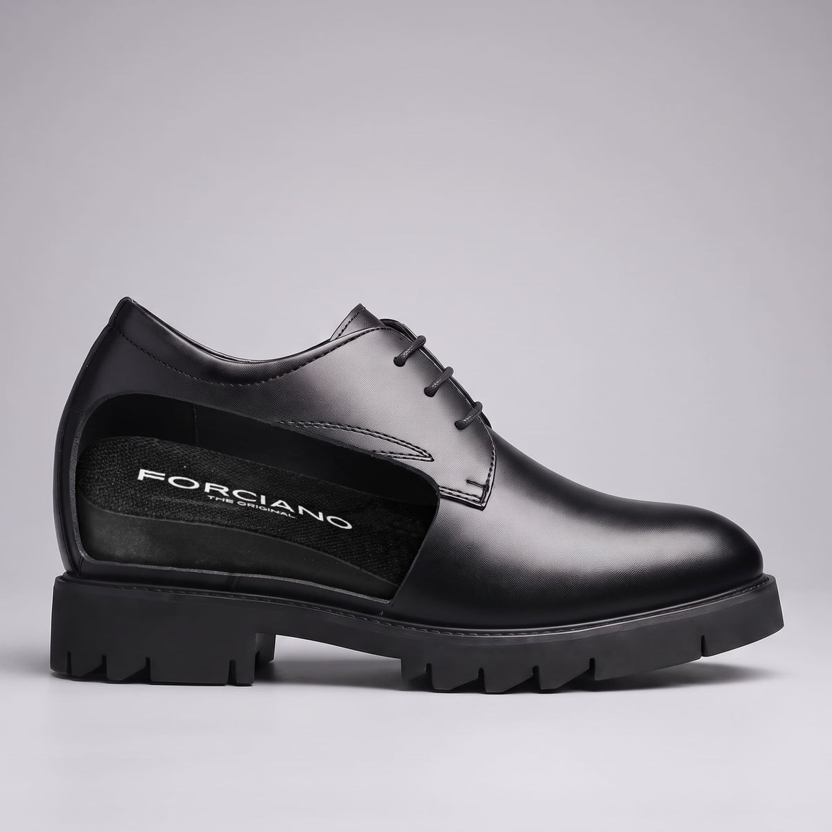 FORCIANO WINDSOR black Height-Increasing Shoes shown in a side cutaway view revealing the internal lift beneath the leather upper.