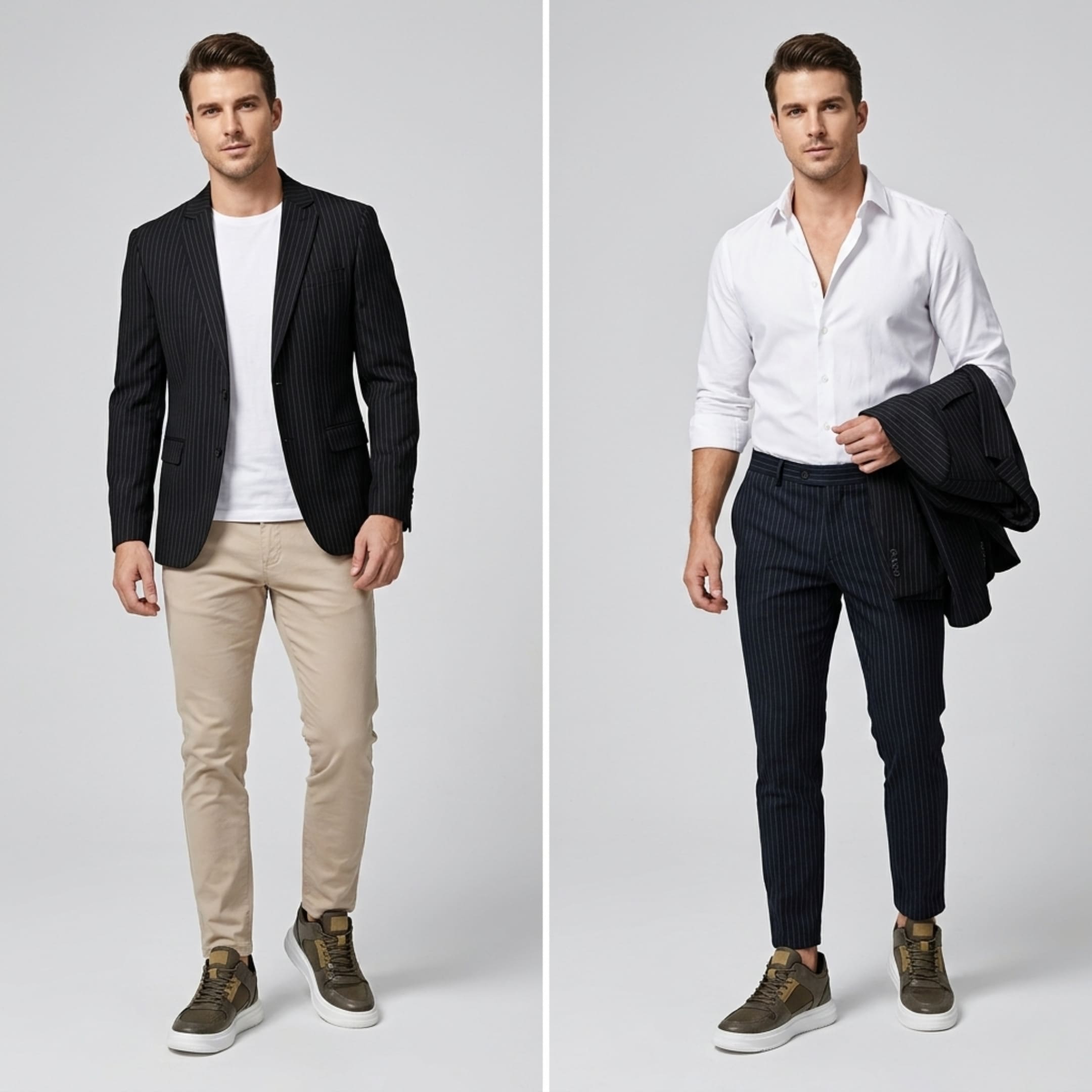 FORCIANO ZENITH brown sneakers worn by male models in two smart-casual outfit combinations with the white soles clearly visible.