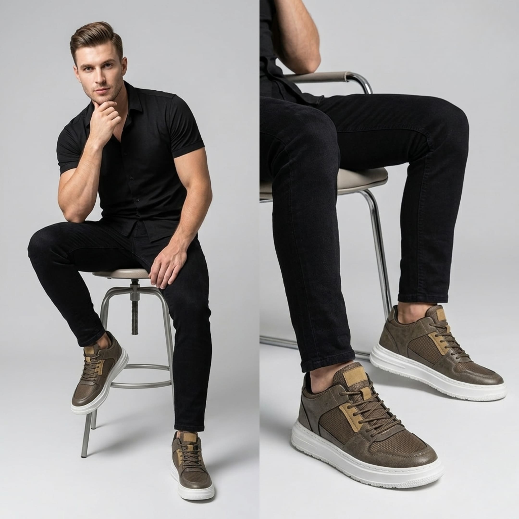 FORCIANO ZENITH men's height increasing sneakers in brown, worn by a seated male model in a casual lifestyle scene.