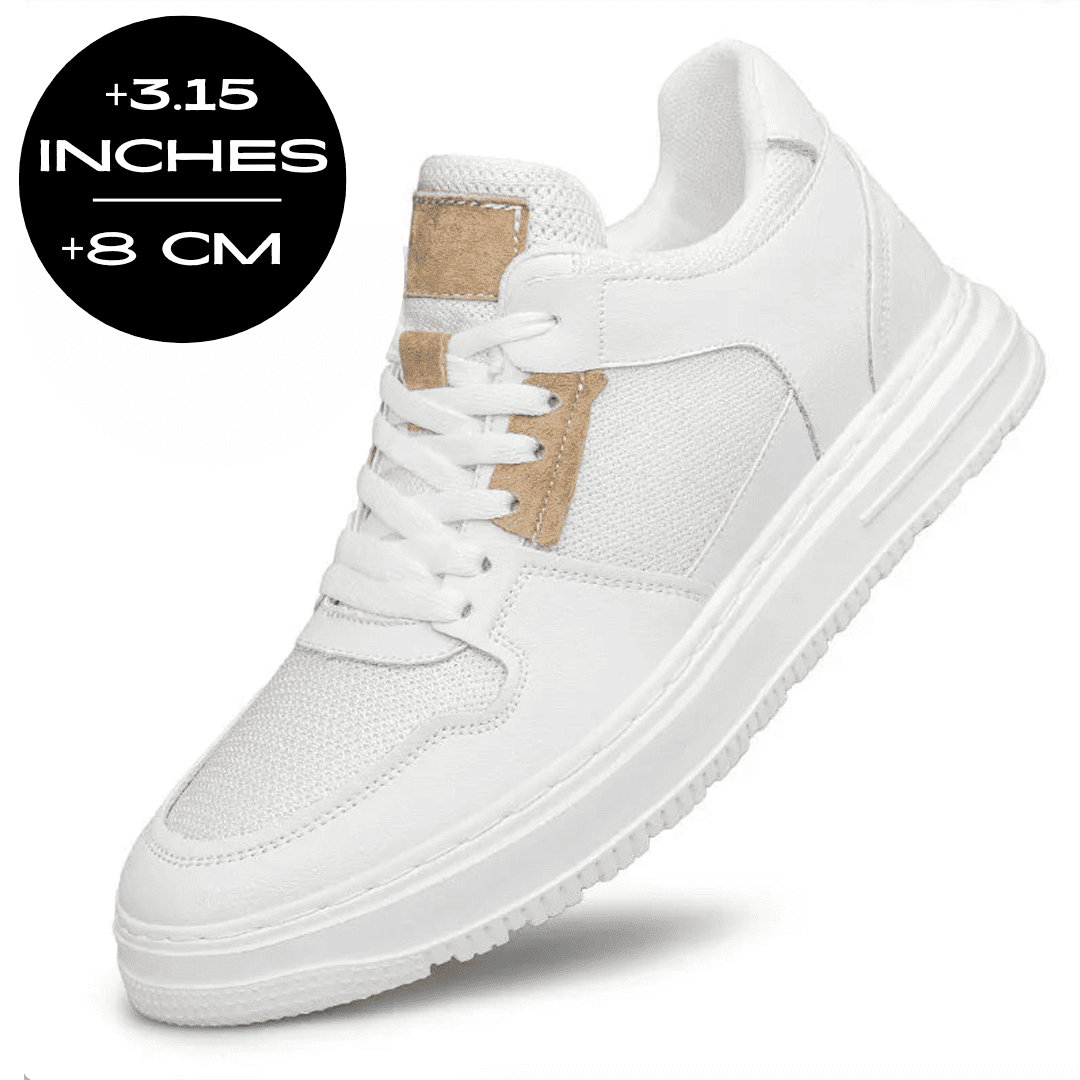 FORCIANO ZENITH white sneaker shown with an 8 cm / 3.15" height increase graphic, breathable air mesh upper and tan accents.