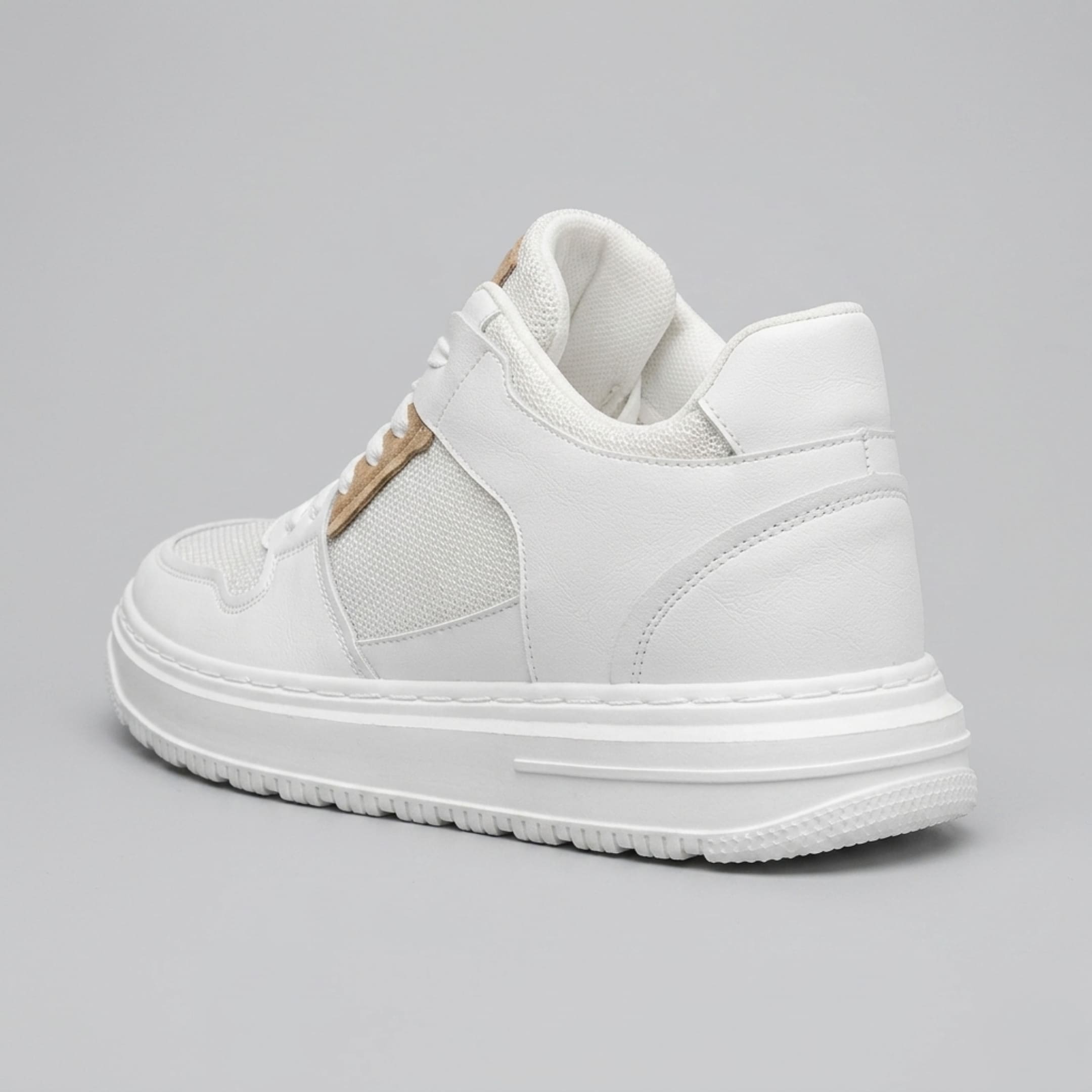 FORCIANO ZENITH white sneaker with breathable air mesh upper and tan accent shown from a rear three-quarter angle.