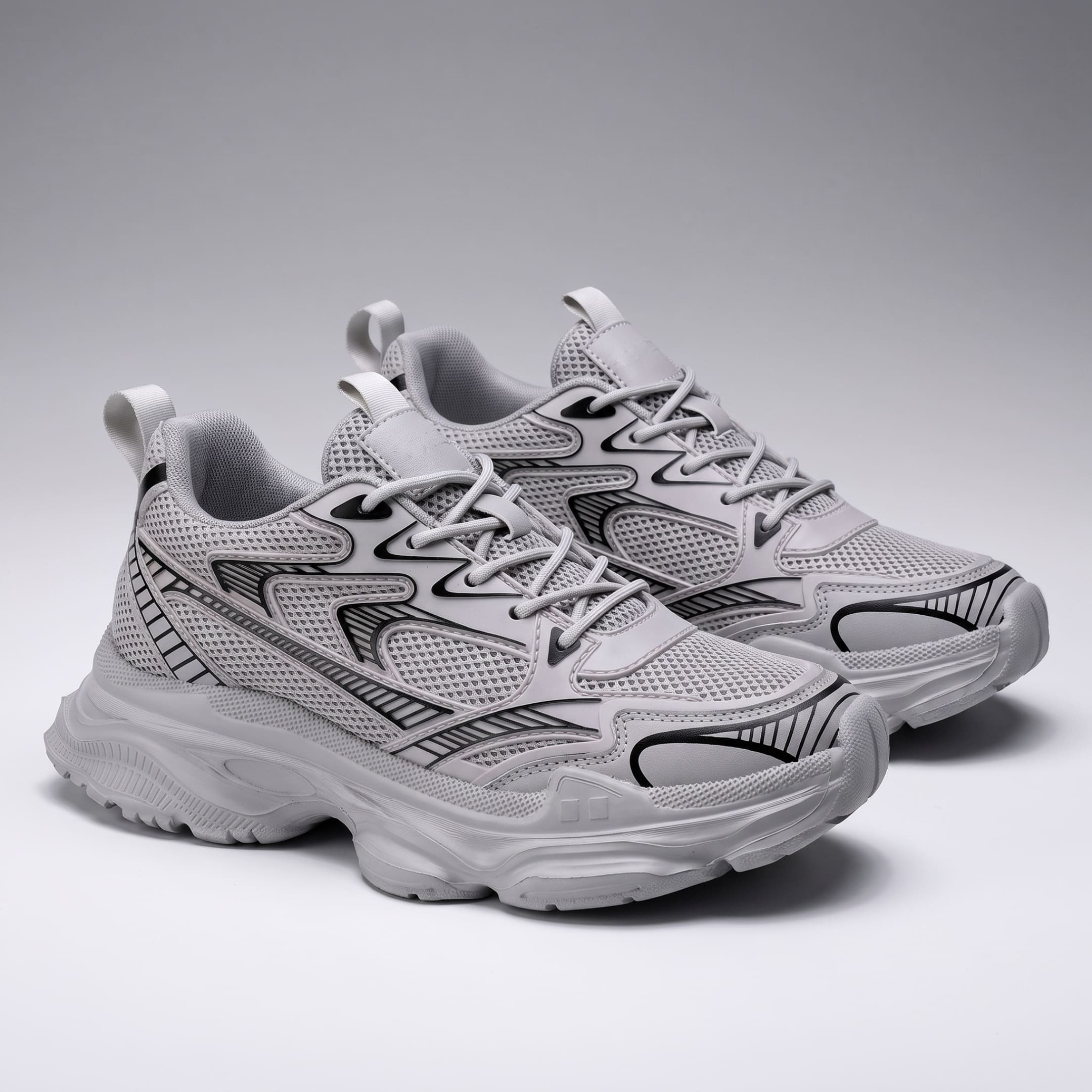 FORCIANO ZEPHYRA Breathable Mesh Sneakers for Women in Gray, shown as a pair from a front three-quarter angle with black graphic accents.