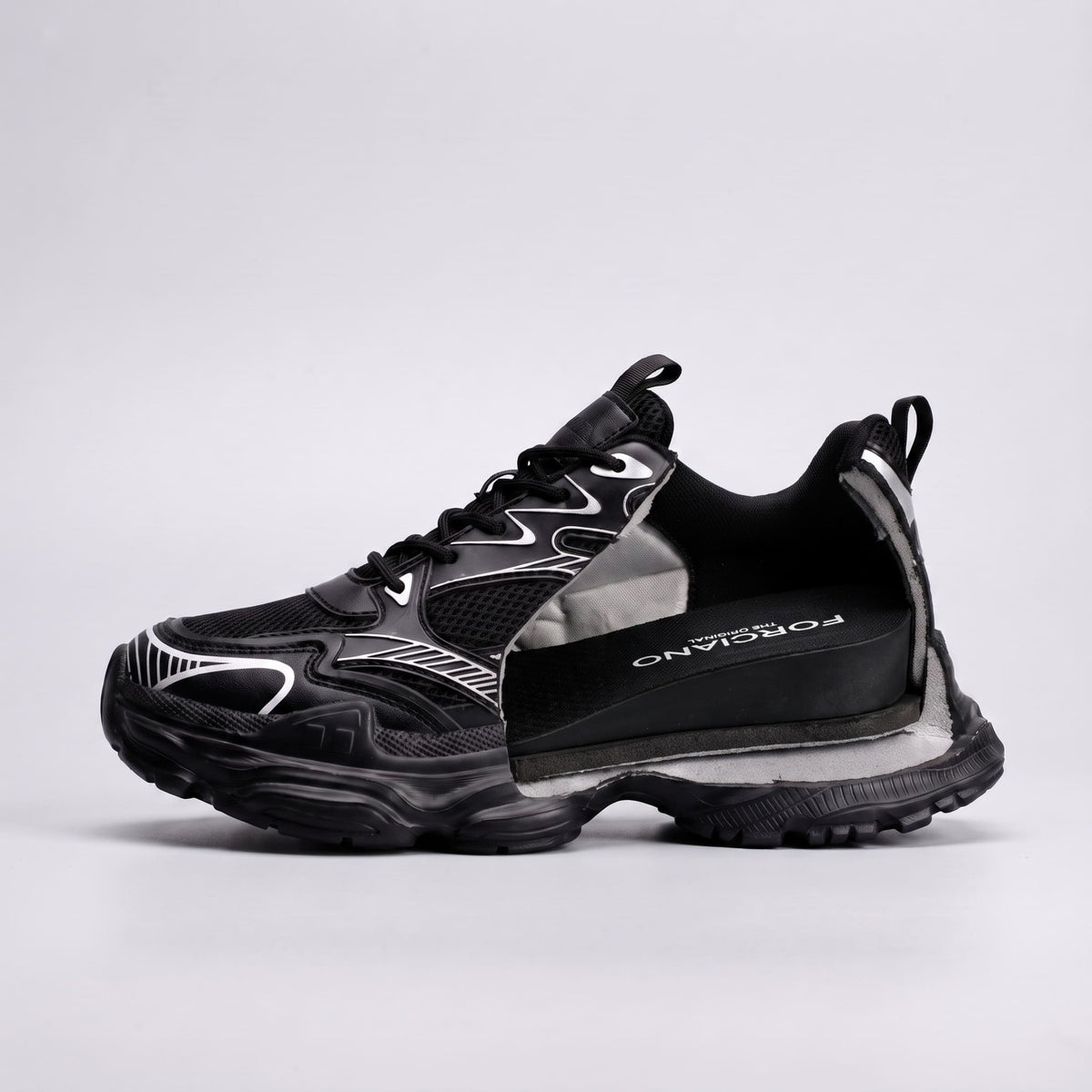 FORCIANO ZEPHYRA Black Height Increasing Sneakers for Women shown in a side cutaway revealing the internal lift beneath the breathable mesh upper.