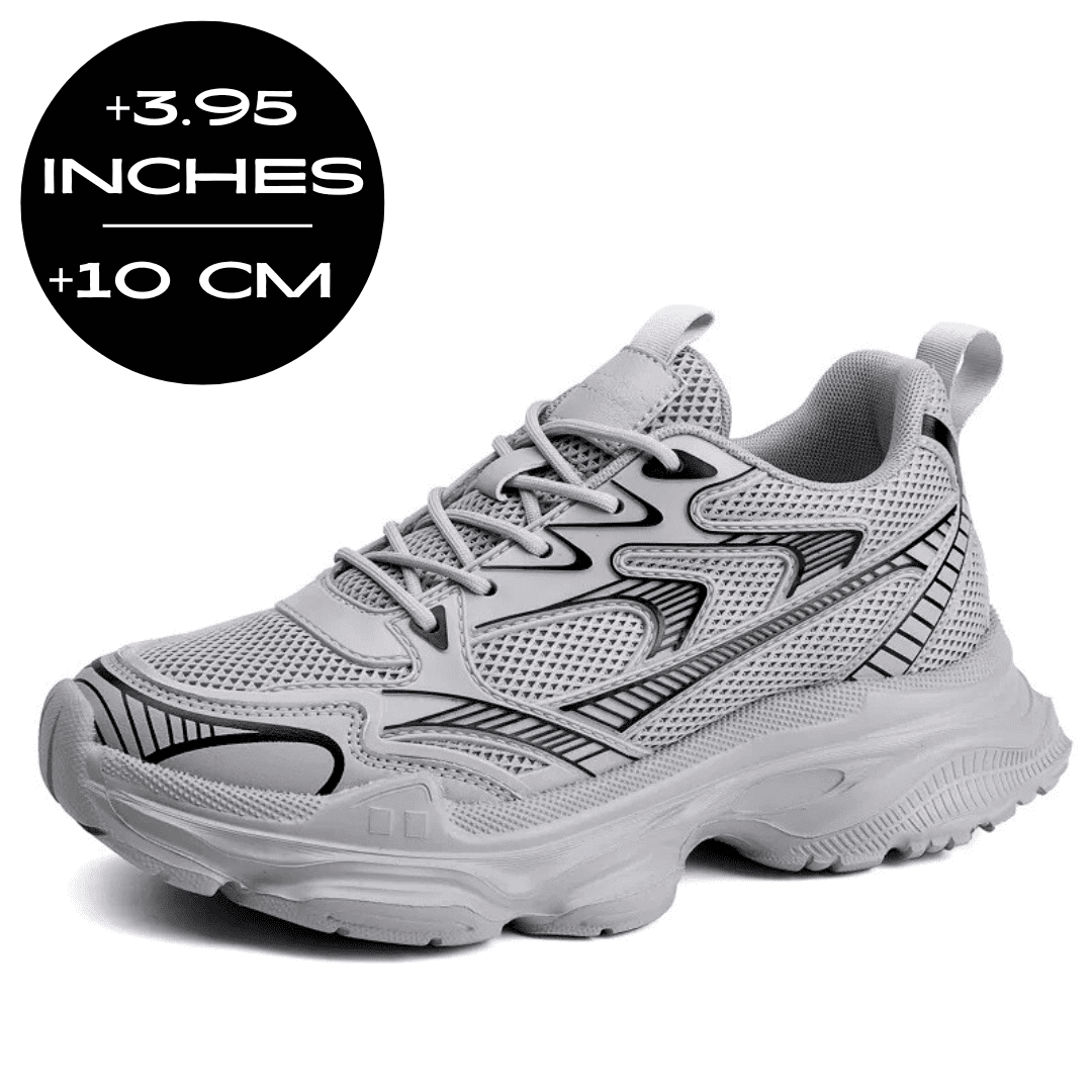 FORCIANO ZEPHYRA Gray Height Increasing Sneakers for Women with breathable mesh, shown at a front angle with a 10 cm / 3.95 inches height graphic.