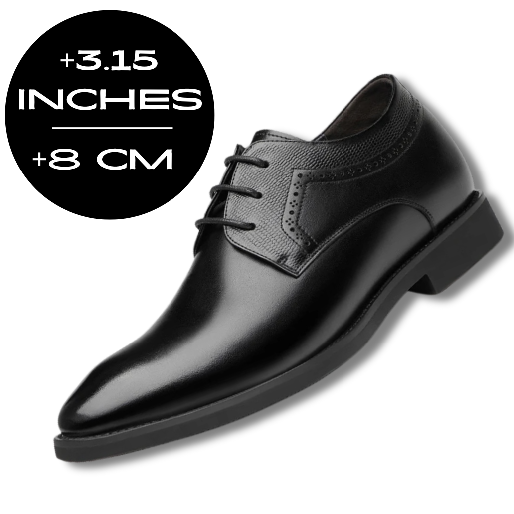 Black leather men's dress shoe with a pointed toe and a lace-up design, indicating an invisible height increase of 3.15 inches.