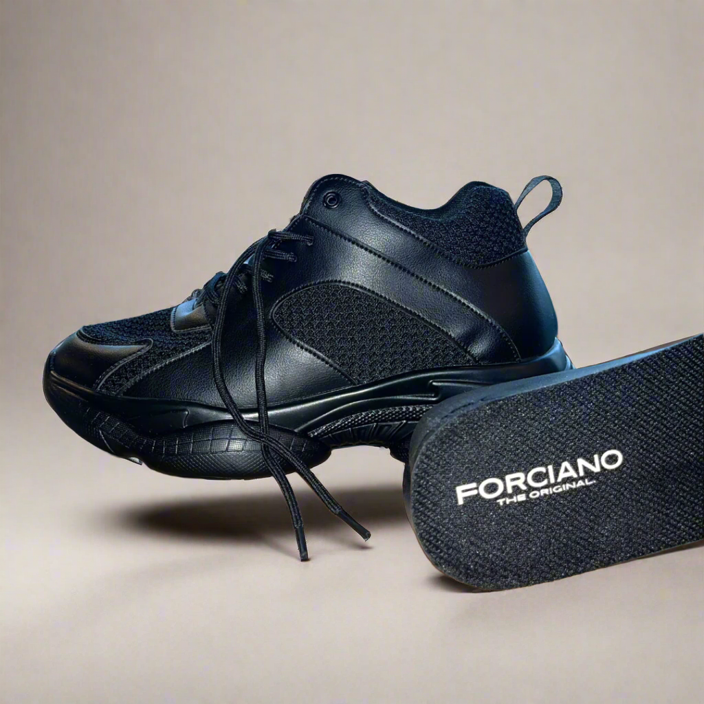 Black shoes with 'Forciano' branding on a beige background