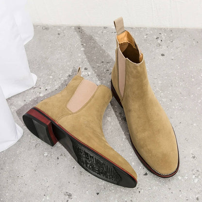 FORCIANO IVORY beige suede elevator boots shown from an angled view with one outsole and heel visible.