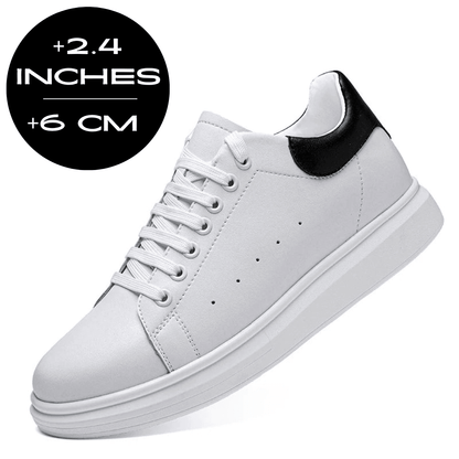 FORCIANO AURAS white height increasing sneakers with leather upper, front side angle view with +6 cm / 2.4" graphic.