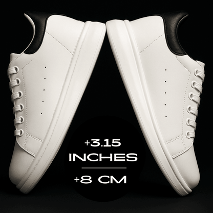 FORCIANO AURAS white height increasing sneakers on a black background with mirrored side views and +8 cm / 3.15" graphic.