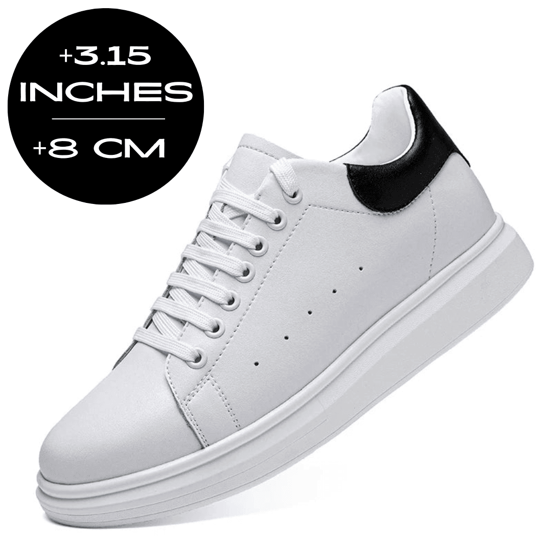 FORCIANO AURAS white height increasing sneakers with leather upper, front side angle view with +8 cm / 3.15" graphic.