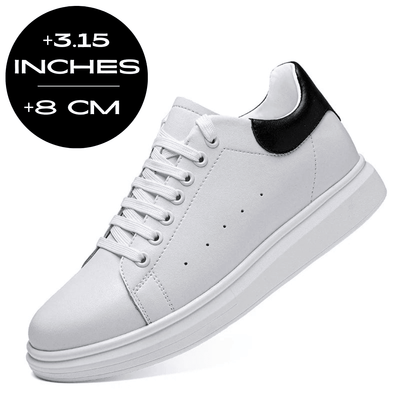 FORCIANO AURAS white height increasing sneakers with leather upper, front side angle view with +8 cm / 3.15" graphic.