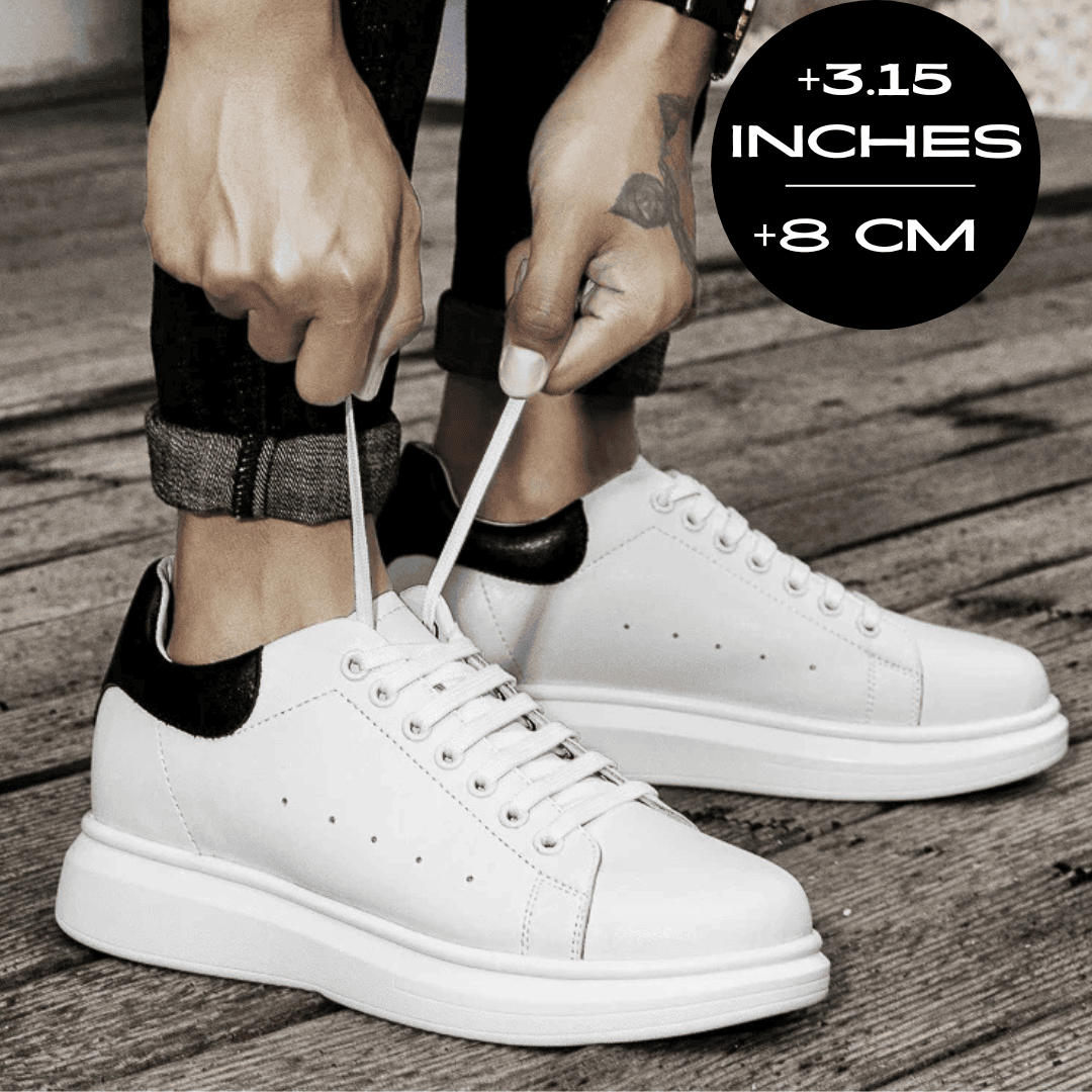 FORCIANO AURAS white height increasing sneakers being laced up, lifestyle view with +8 cm / 3.15" graphic.