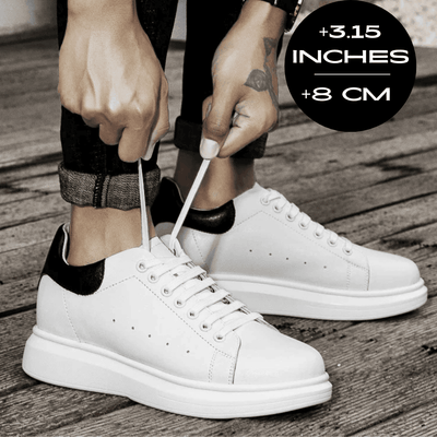 FORCIANO AURAS white height increasing sneakers being laced up, lifestyle view with +8 cm / 3.15" graphic.