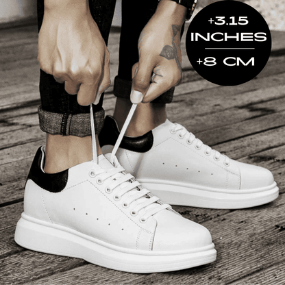 FORCIANO AURAS white height increasing sneakers being laced up, lifestyle view with +8 cm / 3.15" graphic.