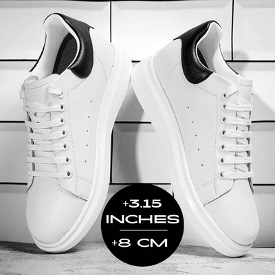FORCIANO AURAS white height increasing sneakers displayed on a tiled background with +8 cm / 3.15" graphic.