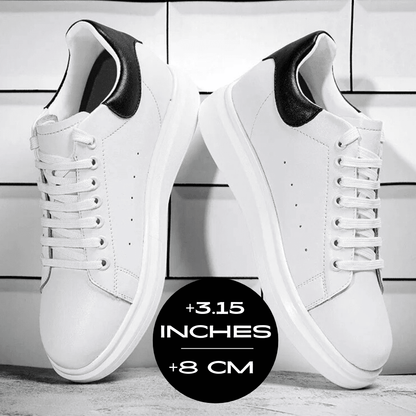 FORCIANO AURAS white height increasing sneakers displayed on a tiled background with +8 cm / 3.15" graphic.