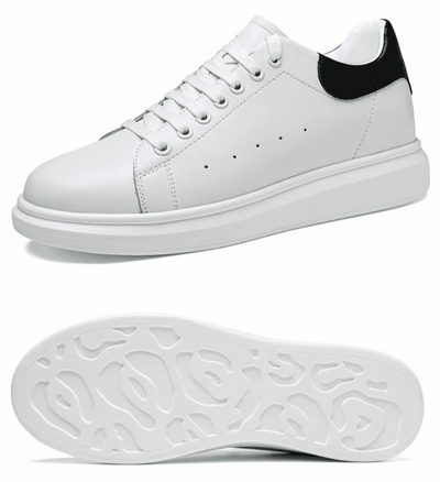 FORCIANO AURAS white elevator sneakers collage showing angled side view and outsole view.