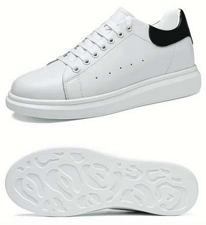 FORCIANO AURAS white elevator sneakers collage showing angled side view and outsole view.