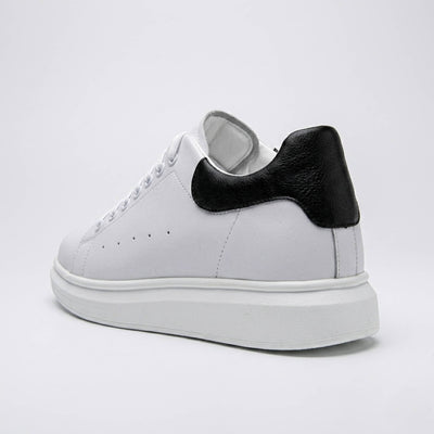 FORCIANO AURAS white elevator sneakers with leather upper, rear side angle view.