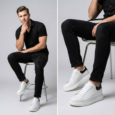 FORCIANO AURAS white height increasing sneakers worn in a seated lifestyle view.