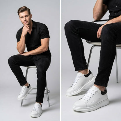 FORCIANO AURAS white height increasing sneakers worn in a seated lifestyle view.