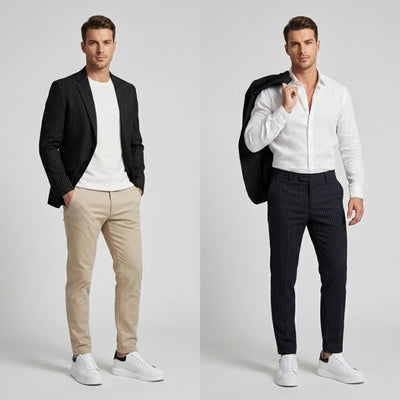 FORCIANO AURAS white elevator sneakers styled in smart casual looks, two-pose lifestyle image.