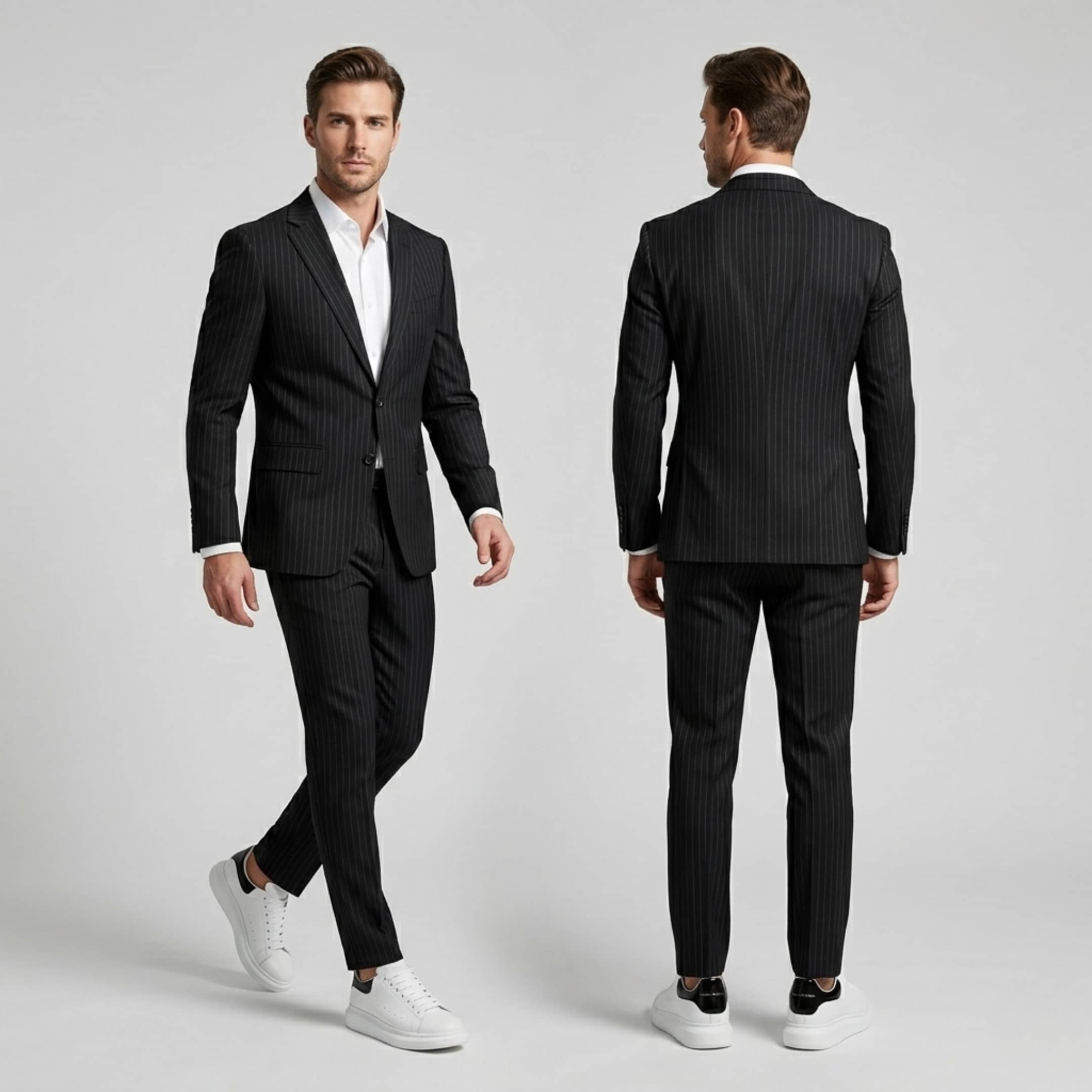 FORCIANO AURAS white elevator sneakers styled with a dark suit, front and back lifestyle view.