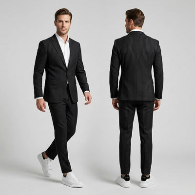 FORCIANO AURAS white elevator sneakers styled with a dark suit, front and back lifestyle view.