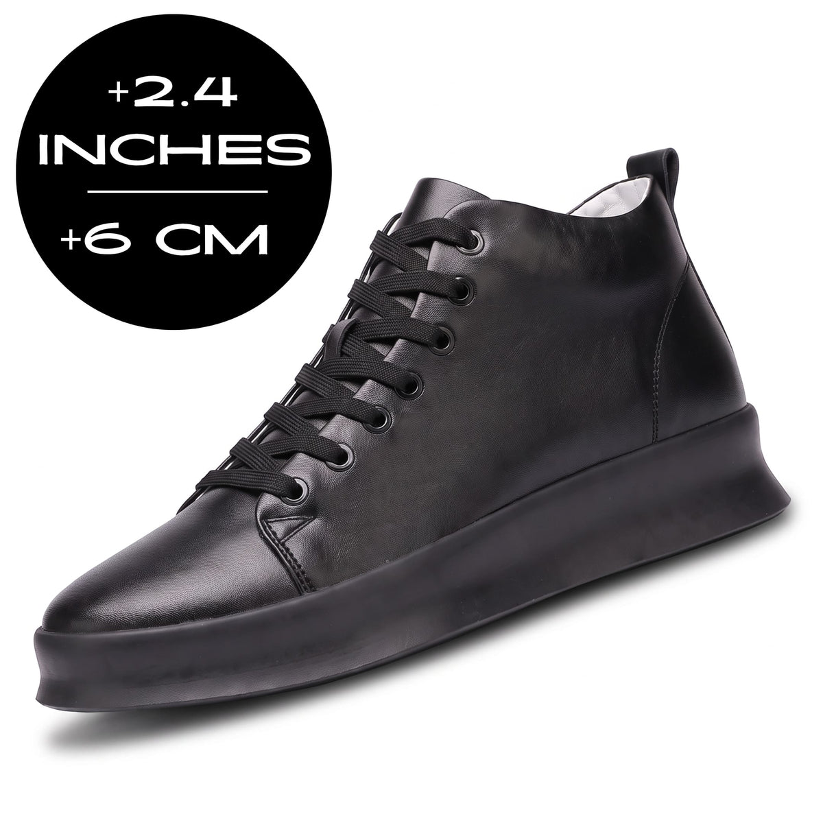 Black FORCIANO ACHILLES Height Boosting Sneakers shown from an angled side view with a +2.4 inches / +6 cm height graphic.
