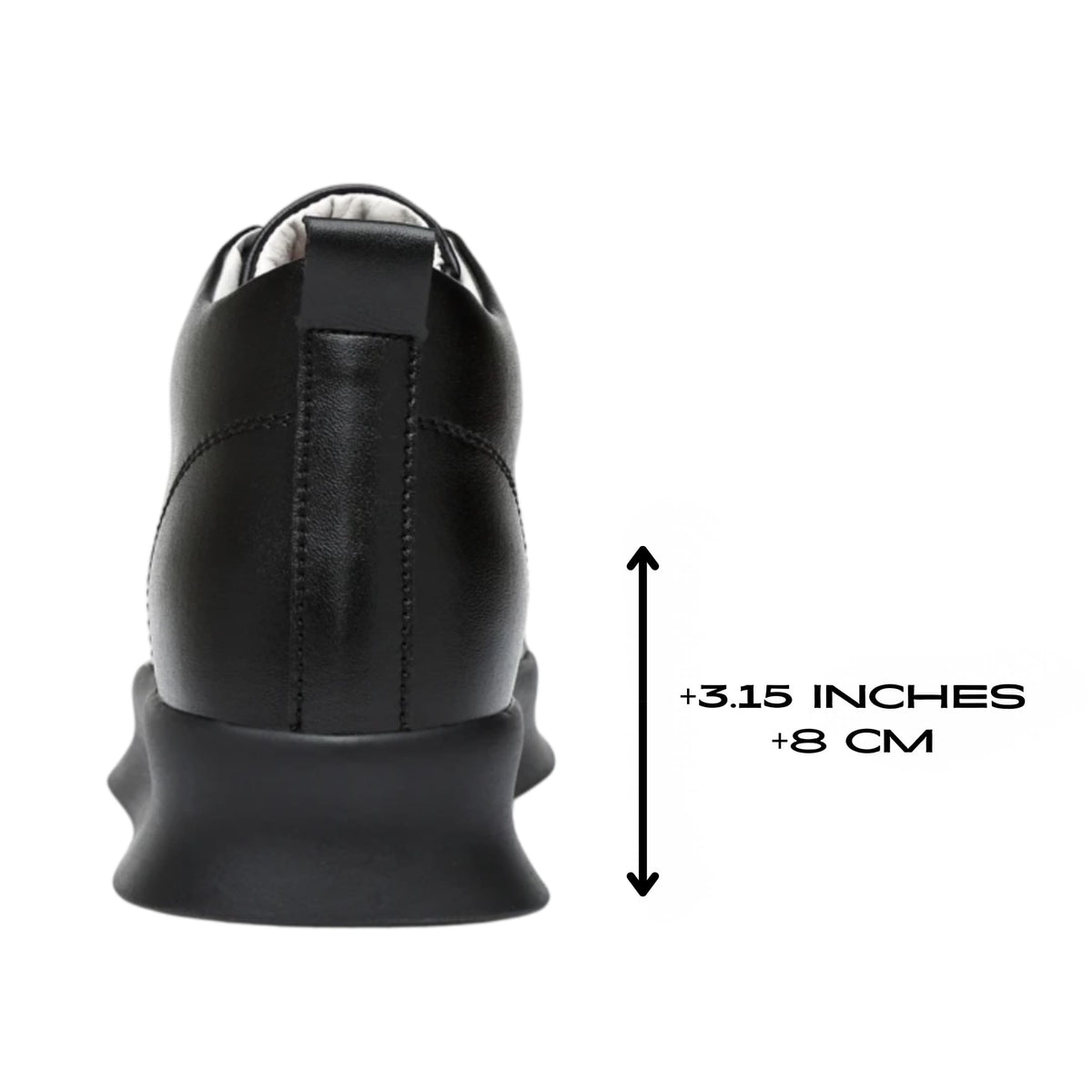 Rear view of black FORCIANO ACHILLES Height Boosting Sneakers with a visible +3.15 inches / +8 cm height graphic.