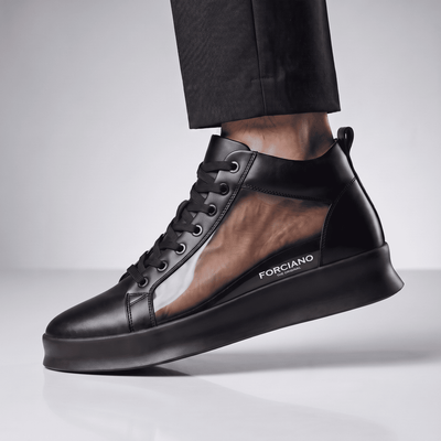 Black FORCIANO ACHILLES Height Boosting Sneakers shown on foot in a cutaway-style view revealing the raised internal heel position.