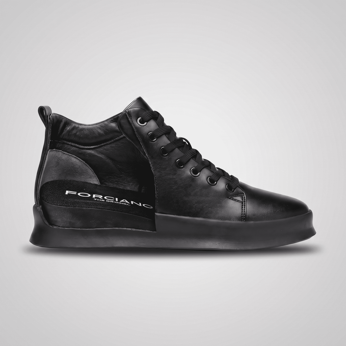Black FORCIANO ACHILLES Height Boosting Sneakers in side cutaway view showing the internal heel lift.