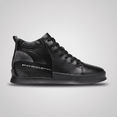Black FORCIANO ACHILLES Height Boosting Sneakers in side cutaway view showing the internal heel lift.