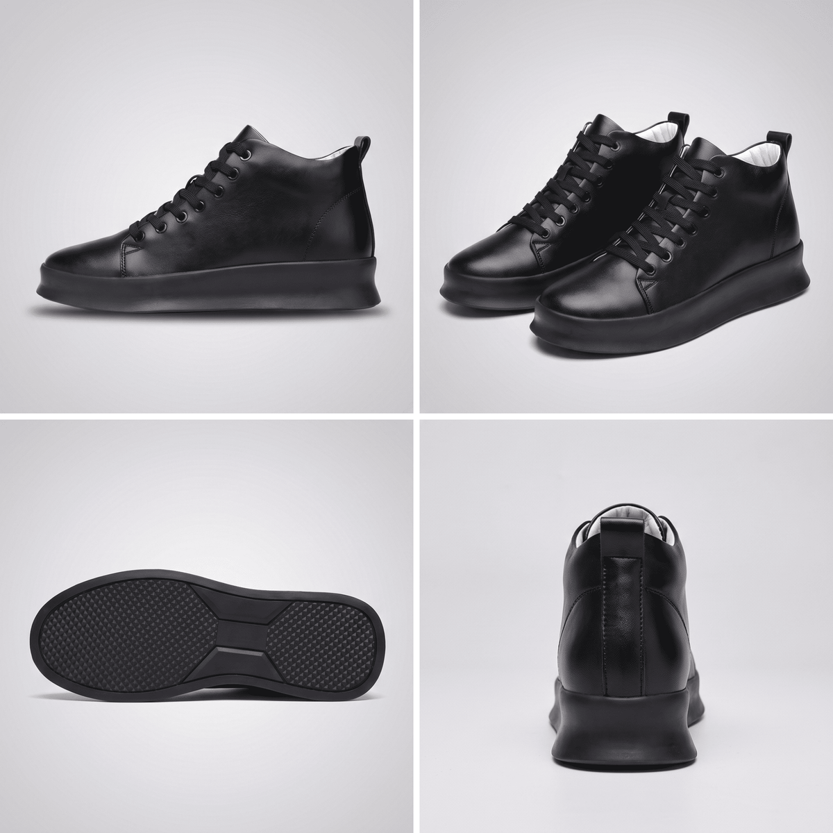 Black FORCIANO ACHILLES Height Boosting Sneakers shown in a multi-view collage with side, pair, outsole and rear views.
