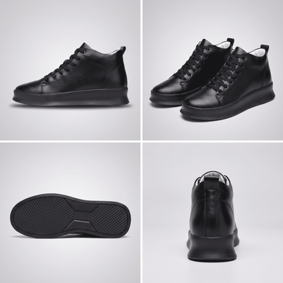 Black FORCIANO ACHILLES Height Boosting Sneakers shown in a multi-view collage with side, pair, outsole and rear views.