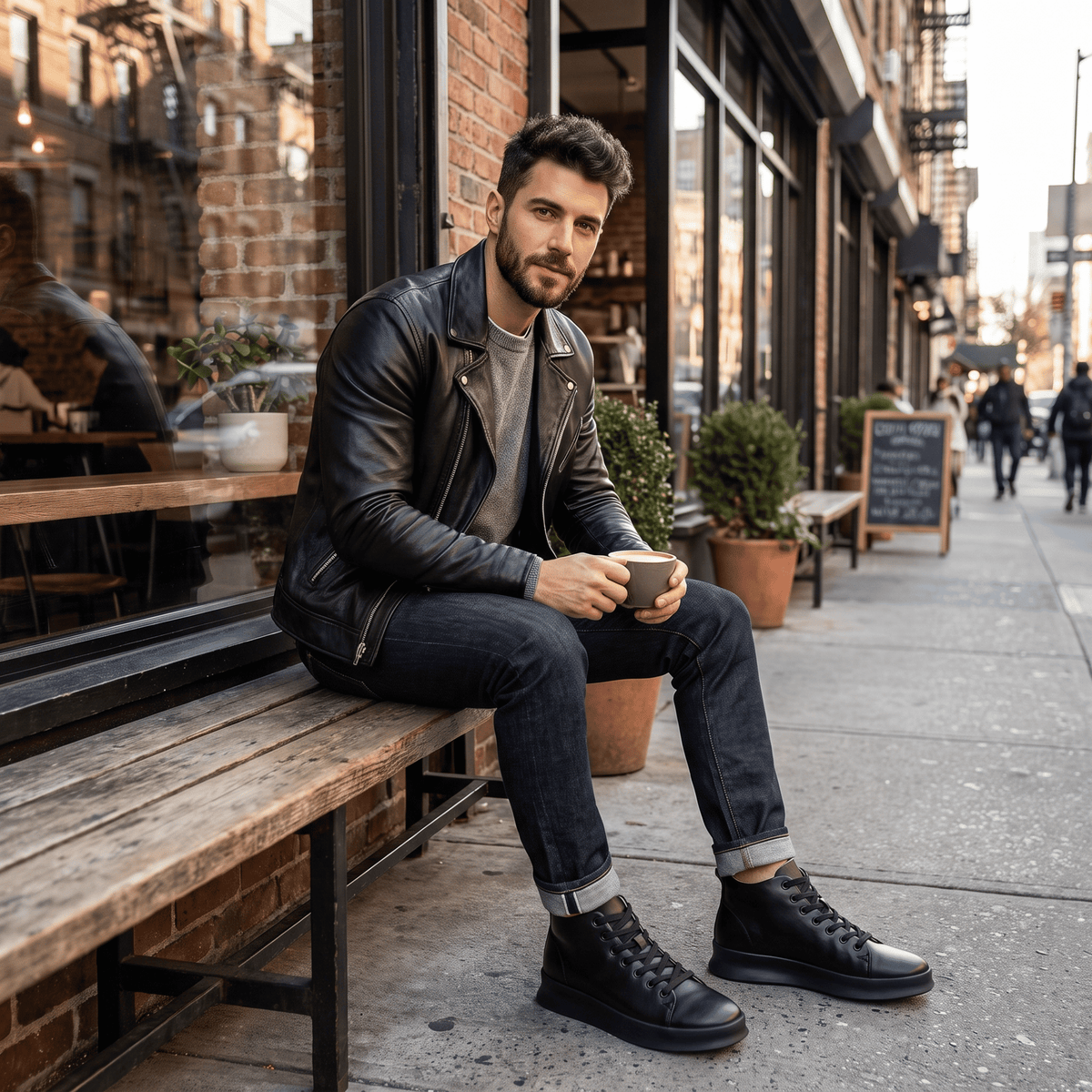 Black FORCIANO ACHILLES Height Boosting Sneakers worn with cuffed dark jeans in an outdoor street lifestyle scene.