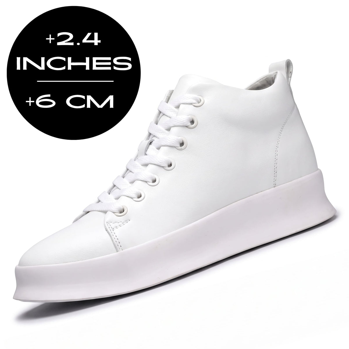 White FORCIANO ACHILLES Height Boosting Sneakers shown at an angle with a +2.4 inches / +6 cm height graphic.