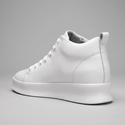 White FORCIANO ACHILLES Height Boosting Sneakers shown from a rear three-quarter view with heel detail.