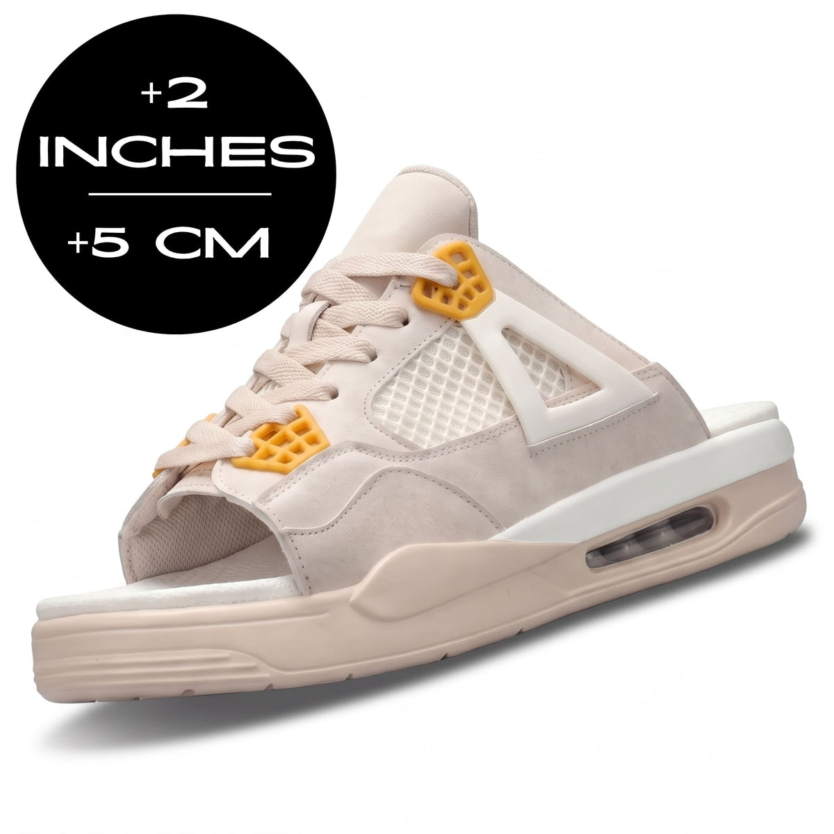FORCIANO AERO Height Increasing Slippers in Beige with yellow lace accents, mesh side panels, an open-toe design and 2" / 5 cm added height.