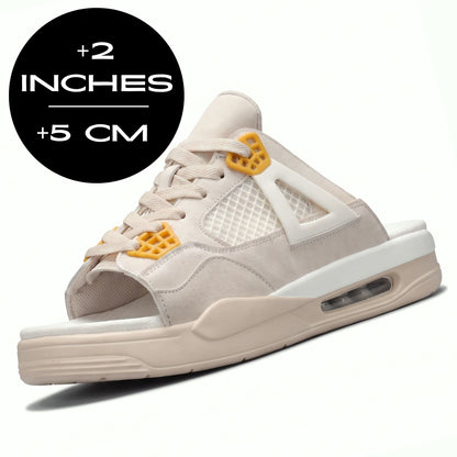 Beige FORCIANO AERO Height Increasing Slippers shown from a front angle with the confirmed 5 cm / 2" height increase graphic.