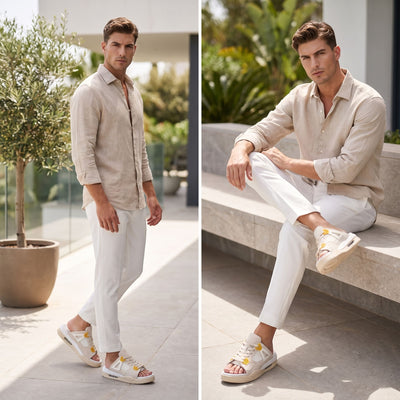 Man wearing beige FORCIANO AERO Height Increasing Slippers in two casual outdoor lifestyle views.