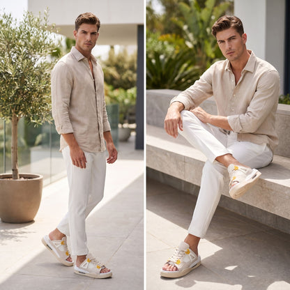 Man wearing beige FORCIANO AERO Height Increasing Slippers in two casual outdoor lifestyle views.
