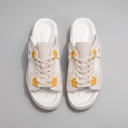 Pair of beige FORCIANO AERO Height Increasing Slippers shown from the top with beige laces and yellow accents.