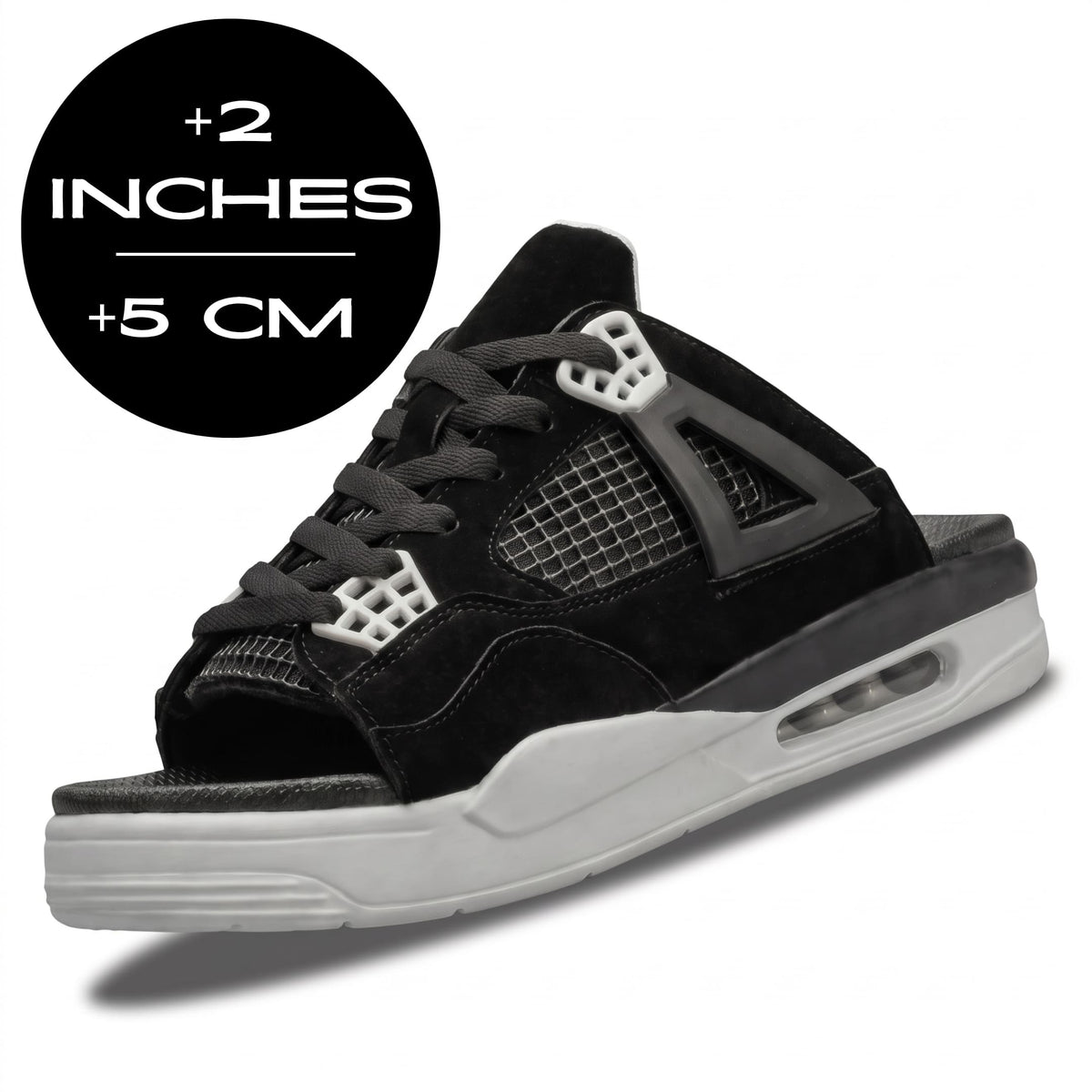 FORCIANO AERO Height Increasing Slippers in Black, featuring a lace-up design, mesh side panels, open toe and 2" / 5 cm height increase.