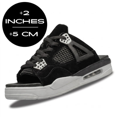 FORCIANO AERO Height Increasing Slippers in Black, featuring a lace-up design, mesh side panels, open toe and 2" / 5 cm height increase.