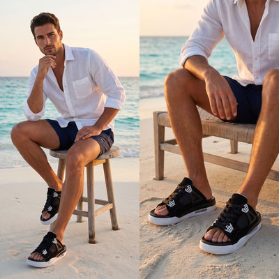 Man wearing black FORCIANO AERO Height Increasing Slippers in two casual beach lifestyle views.