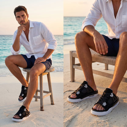Man wearing black FORCIANO AERO Height Increasing Slippers in two casual beach lifestyle views.