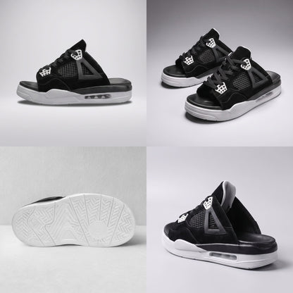 Black FORCIANO AERO Height Increasing Slippers shown in a multi-view collage with side, pair, outsole, and rear angles.