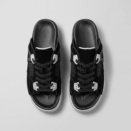 Pair of black FORCIANO AERO Height Increasing Slippers shown from the top with black laces and open toes.